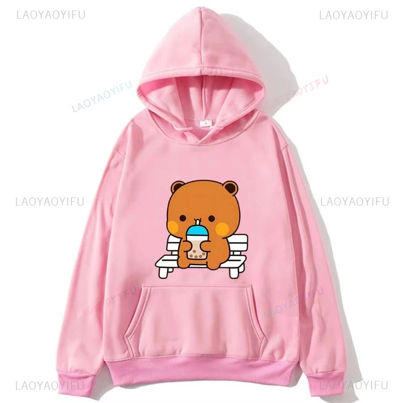 Trendy New Couple Hoodies Bubu with Dudu Drinking Juice Sweatshirts Cartoon Cute Panda Bear Hoodies Kawaii Y2k Top Sudaderas