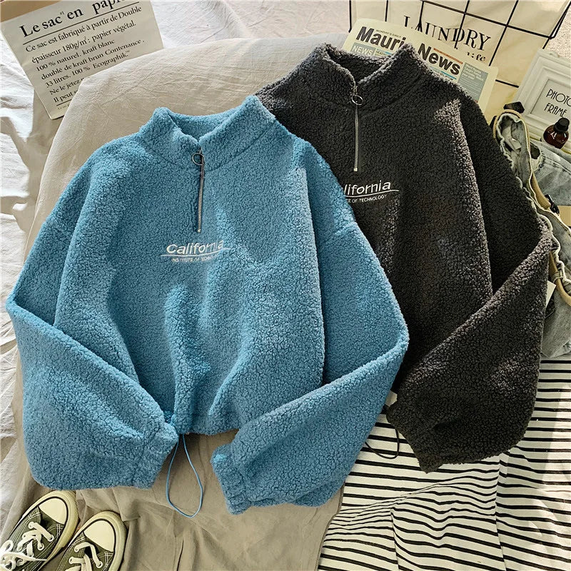 Letter Sweatshirts Women Half High Collar Hoodies Long Sleeve Pullover Pockets Loose Autumn Sports Slight Strech Draw String