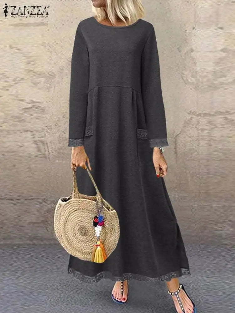 ZANZEA Winter Autumn Sweatshirt Dress Women Lace Crochet Pullover Vestidos Solid O Neck Long Sleeve Fleece Sundress Robe Hoodies