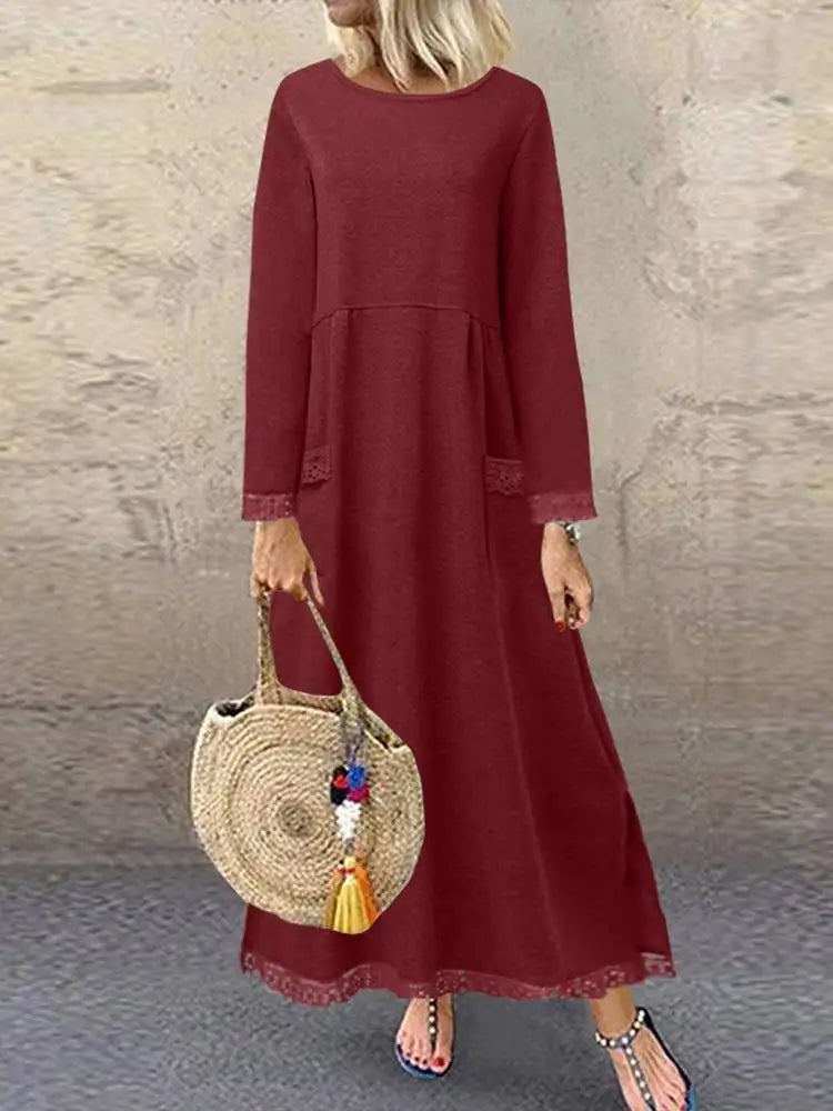 ZANZEA Winter Autumn Sweatshirt Dress Women Lace Crochet Pullover Vestidos Solid O Neck Long Sleeve Fleece Sundress Robe Hoodies