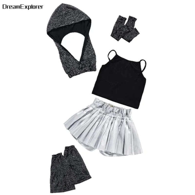 Girls Sequin Crop Hoodies Street Dance Shorts Kids Skirts Hip Hop Jazz Silver Pants Clothes Sets Child Streetwear K-pop Costumes