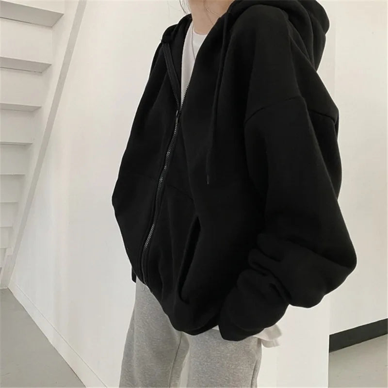Hooded Solid Women Hoodies Zipper Sweatshirt Long Sleeve Cardigan Outerwear Loose Fit Casual Pockets Autumn 2025 Spliced