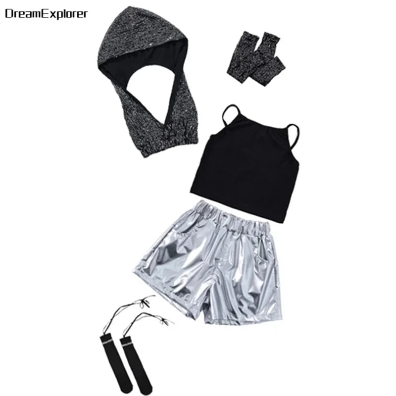 Girls Sequin Crop Hoodies Street Dance Shorts Kids Skirts Hip Hop Jazz Silver Pants Clothes Sets Child Streetwear K-pop Costumes