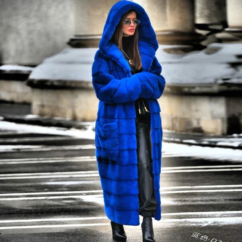 TPJB Casual Faux Fur Coat Women Hoodies Furry Thick Warm Long Faux Rabbit Fur Jacket Slim Winter Coat Women Casaco Feminino 5XL
