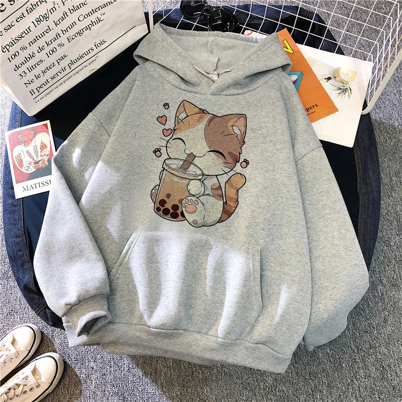 A Cute Patterned Orange Tabby Cat with A Smile Print Hoodies Women Casual Graphic Sweatshirts Fashion Fall Winter Hoody Clothes