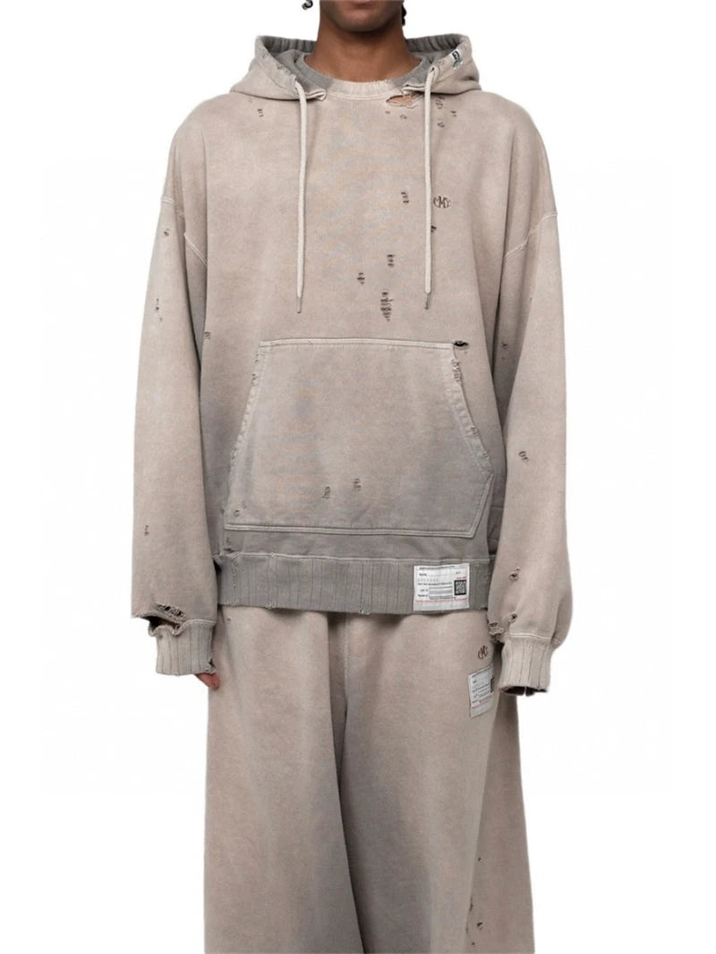 Washed Hole Damaged Sun-Faded Like Hoodie Sweatshirt Pure Cotton Embroidered Logo Oversized Men's and Women's Hoodies