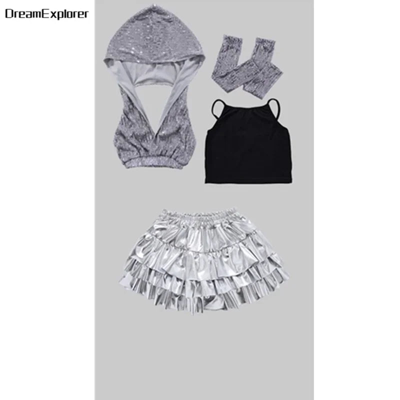 Girls Sequin Crop Hoodies Street Dance Shorts Kids Skirts Hip Hop Jazz Silver Pants Clothes Sets Child Streetwear K-pop Costumes
