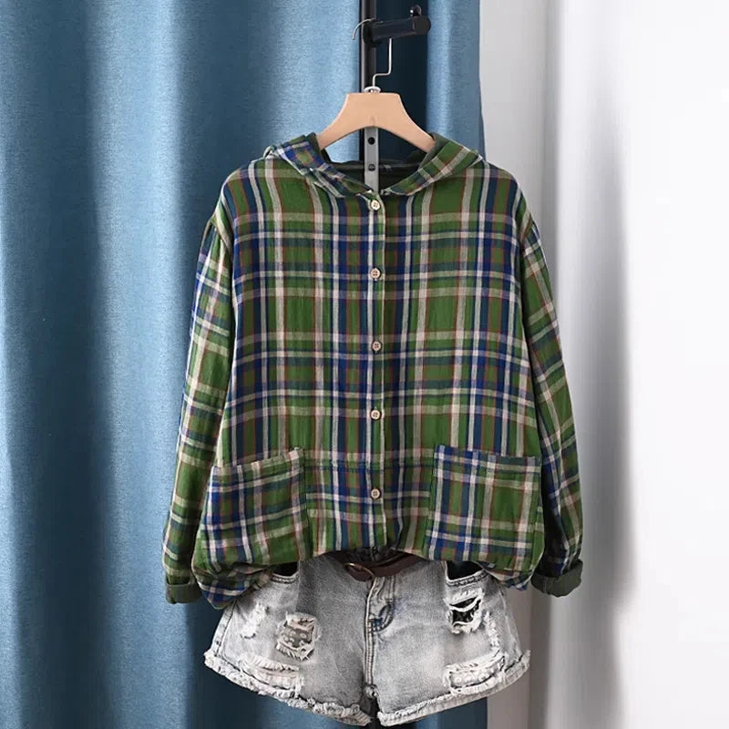 2026 Plus size tops 100% cotton yarn plaid hoodies for women spring autumn vintage casual hooded long sleeve shirts blouses