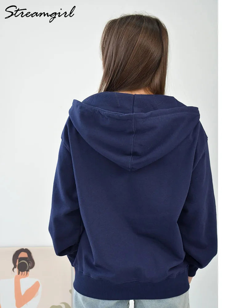 Women Sweatshirts Zip Up Hoodies White Hooded Zip-up Jackets Autumn Cotton Solid Sweatshirt With Zipper Oversized Hoodies Women