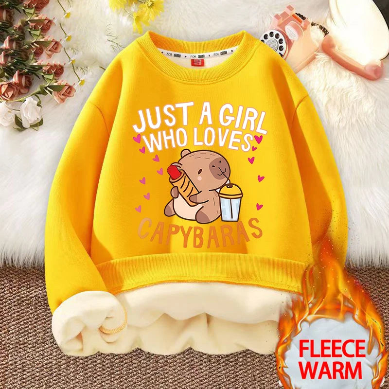 Kawaii Capybara Children's Clothing Lamb Wool Sweatshirt Boys Girls Winter Warm Thick Long Sleeved Pullover Hoodies Anime Gifts