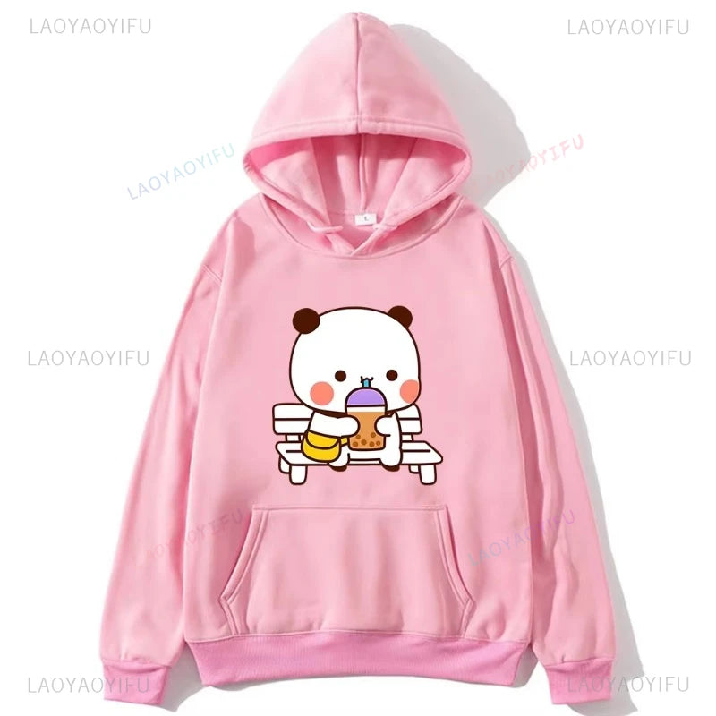 Trendy New Couple Hoodies Bubu with Dudu Drinking Juice Sweatshirts Cartoon Cute Panda Bear Hoodies Kawaii Y2k Top Sudaderas
