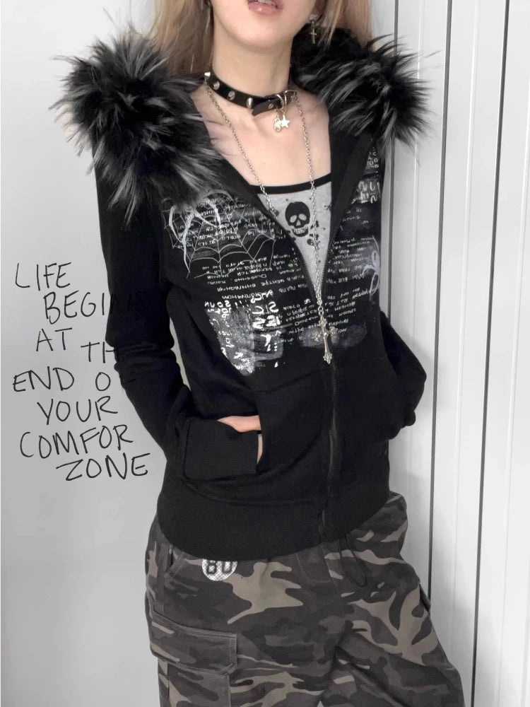 American Retro Fur Patchwork Grunge Hoodies Women Vintage Gothic Print Hooded Zip-up Sweatshirts Harajuku Aesthetic Y2k Jacket