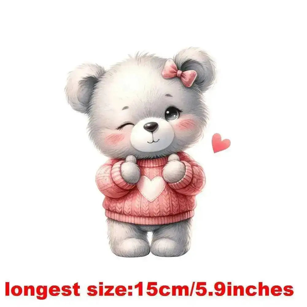 15cm Kids Cartoon Heart Love Bear Dtf Transfers Ready To Press Patches For Clothing T-shirt Hoodies Heat Transfer Stickers