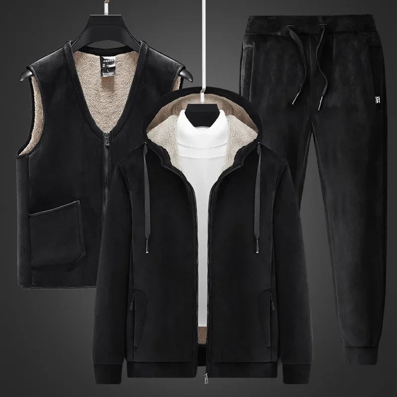 Three-Pieces Lamb Cashmere Set Men Warm Fashion Lamb Wool Sets Winter Plus Velvet Thick Tracksuits Men's Set Hoodies+Vests+Pants