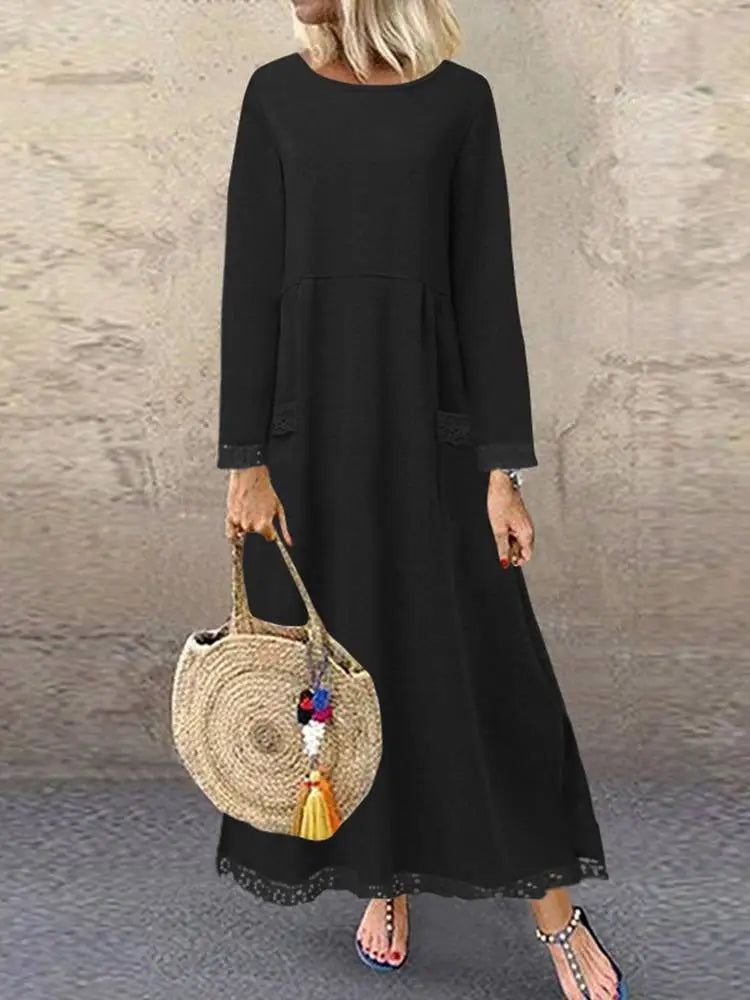 ZANZEA Winter Autumn Sweatshirt Dress Women Lace Crochet Pullover Vestidos Solid O Neck Long Sleeve Fleece Sundress Robe Hoodies