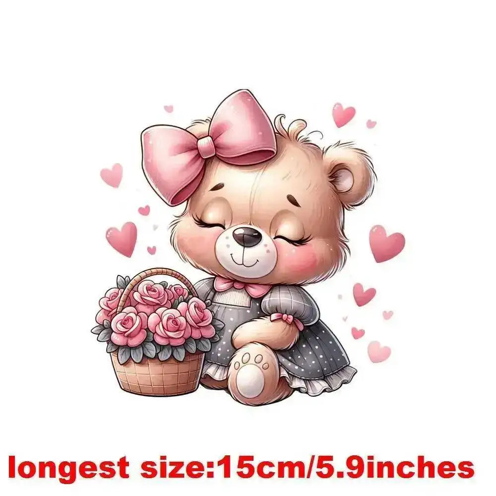 15cm Kids Cartoon Flower Love Bear Dtf Transfers Ready To Press Patches For Clothing T-shirt Hoodies Heat Transfer Stickers