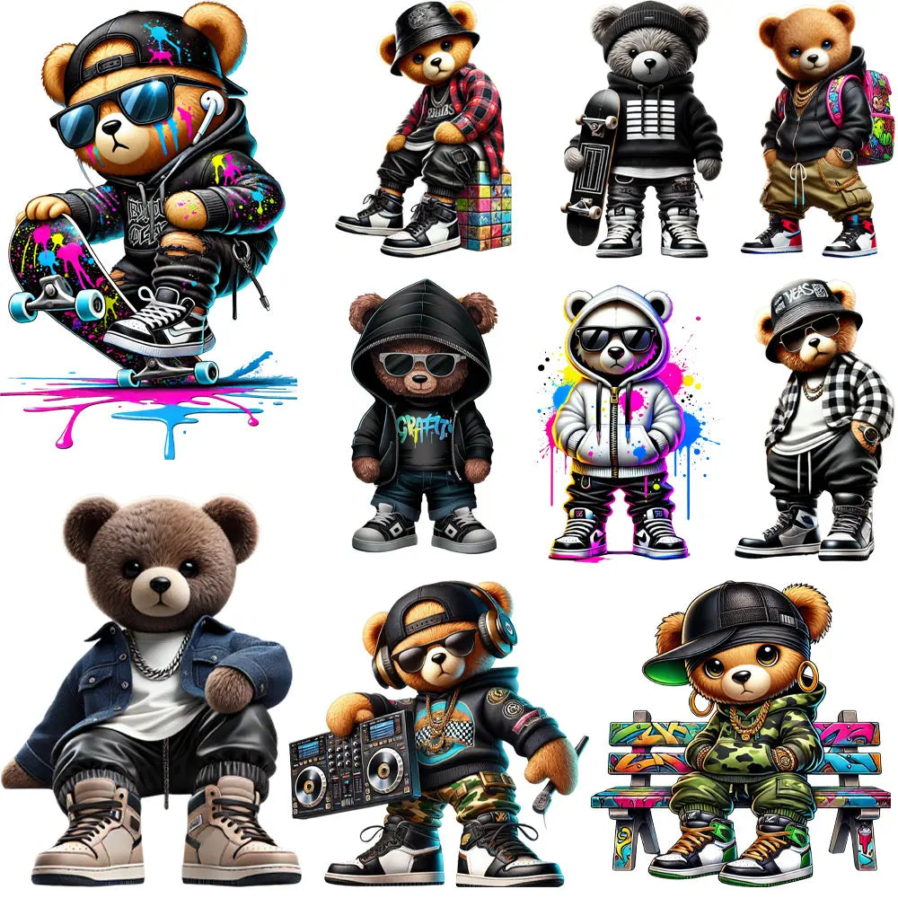 Cool Punk Bears Patches On Clothes Thermal Press Decal T-Shirt Parches Ropa Hoodies Heat Transfer DIY Clothes Stickers Iron On