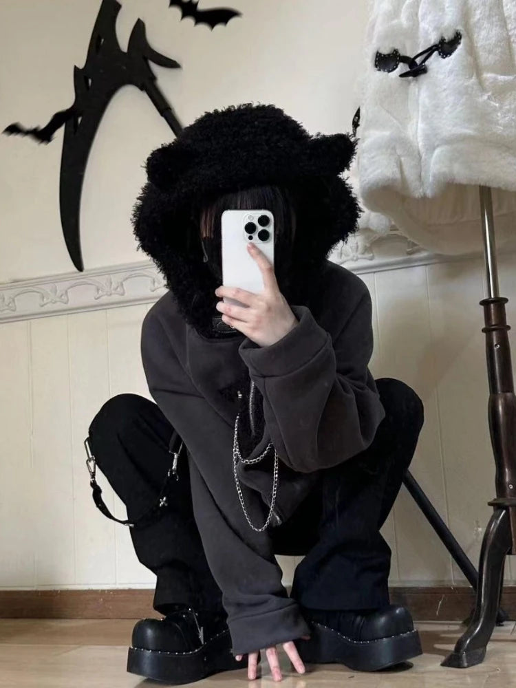 Japanese Kawaii Y2k Aesthetic Women Chain Gothic Cat Ears Hoodies Coat Patchwork Grunge  Hoody Harajuku Vintage Zip Sweatshirts