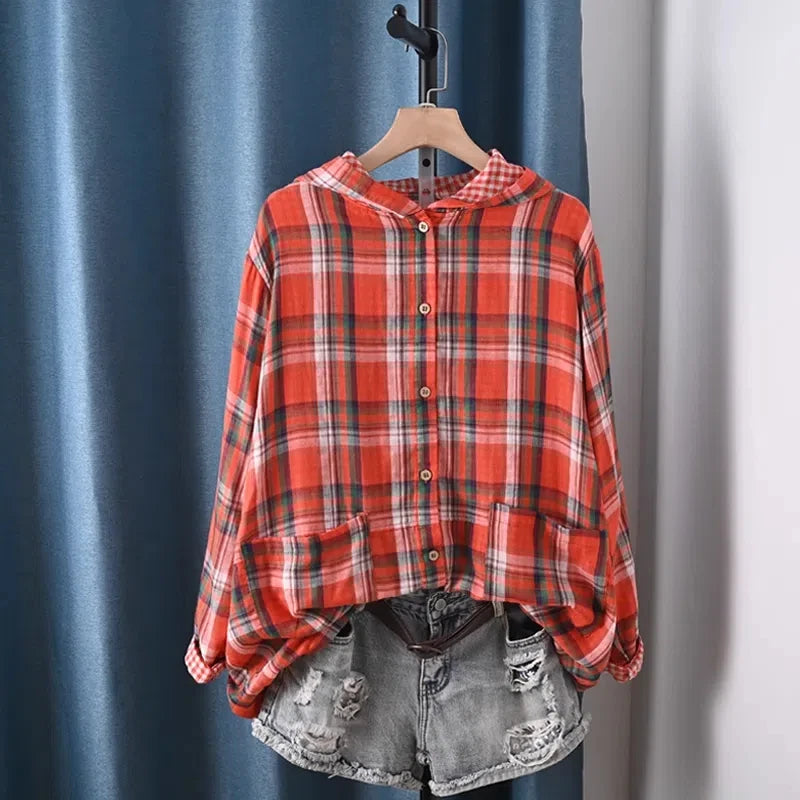 2026 Plus size tops 100% cotton yarn plaid hoodies for women spring autumn vintage casual hooded long sleeve shirts blouses