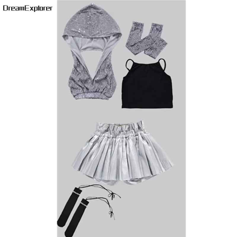 Girls Sequin Crop Hoodies Street Dance Shorts Kids Skirts Hip Hop Jazz Silver Pants Clothes Sets Child Streetwear K-pop Costumes