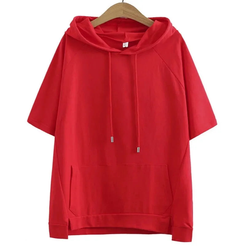 2025 Oversize 4XL Loose Sweatshirts Women Cotton Hoodies Summer Short-sleeves Thin Tees Female Casual Pullover Tops Outerwear