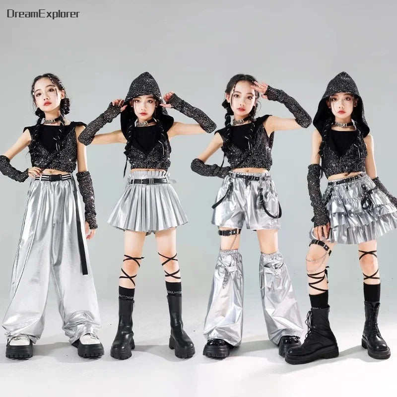 Girls Sequin Crop Hoodies Street Dance Shorts Kids Skirts Hip Hop Jazz Silver Pants Clothes Sets Child Streetwear K-pop Costumes