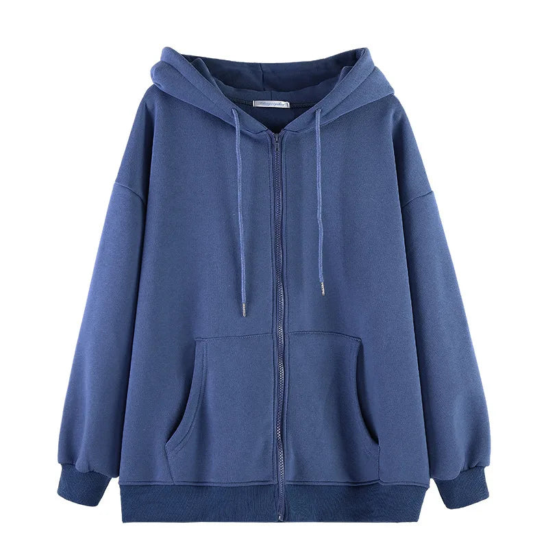 Hooded Solid Women Hoodies Zipper Sweatshirt Long Sleeve Cardigan Outerwear Loose Fit Casual Pockets Autumn 2025 Spliced