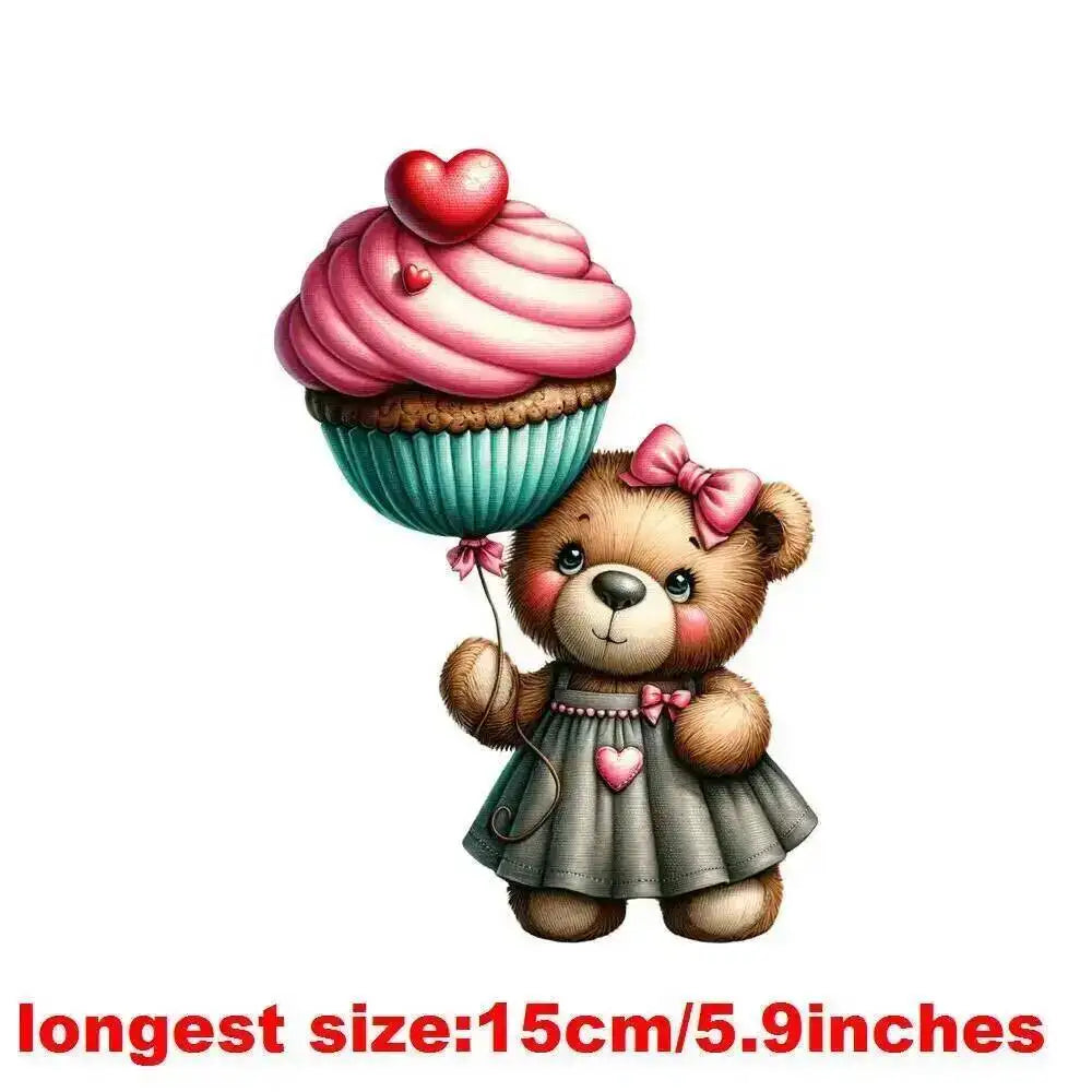 15cm Kids Cartoon Flower Love Bear Dtf Transfers Ready To Press Patches For Clothing T-shirt Hoodies Heat Transfer Stickers