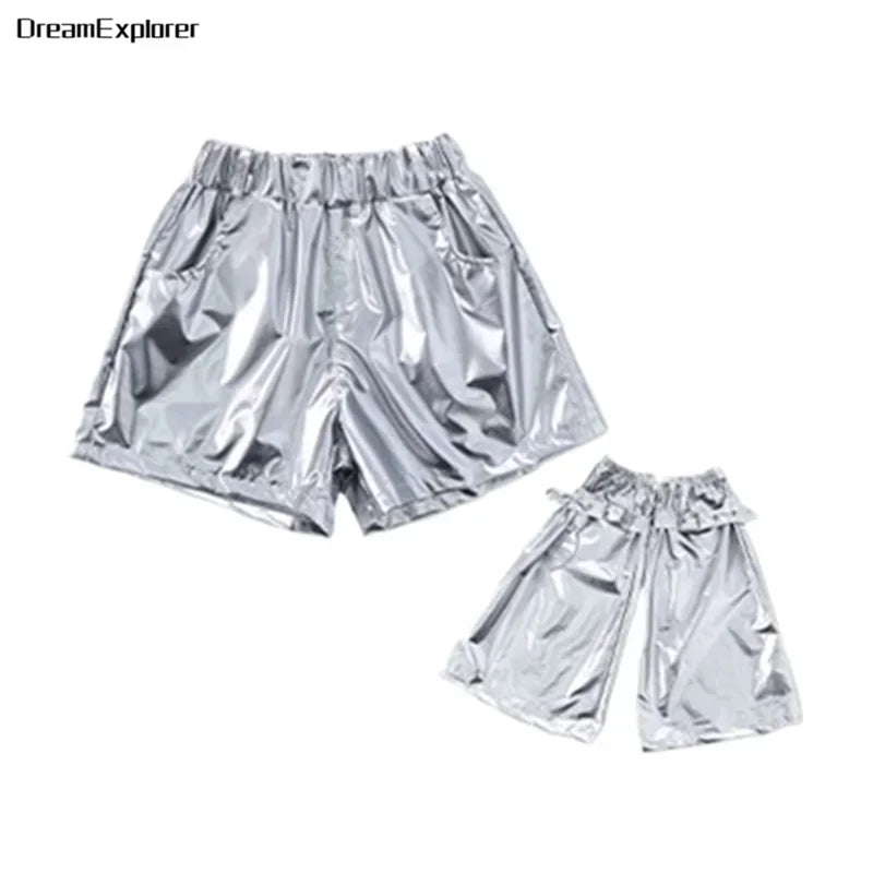 Girls Sequin Crop Hoodies Street Dance Shorts Kids Skirts Hip Hop Jazz Silver Pants Clothes Sets Child Streetwear K-pop Costumes