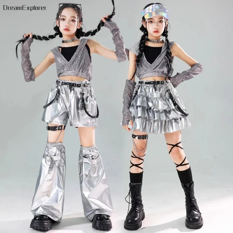 Girls Sequin Crop Hoodies Street Dance Shorts Kids Skirts Hip Hop Jazz Silver Pants Clothes Sets Child Streetwear K-pop Costumes