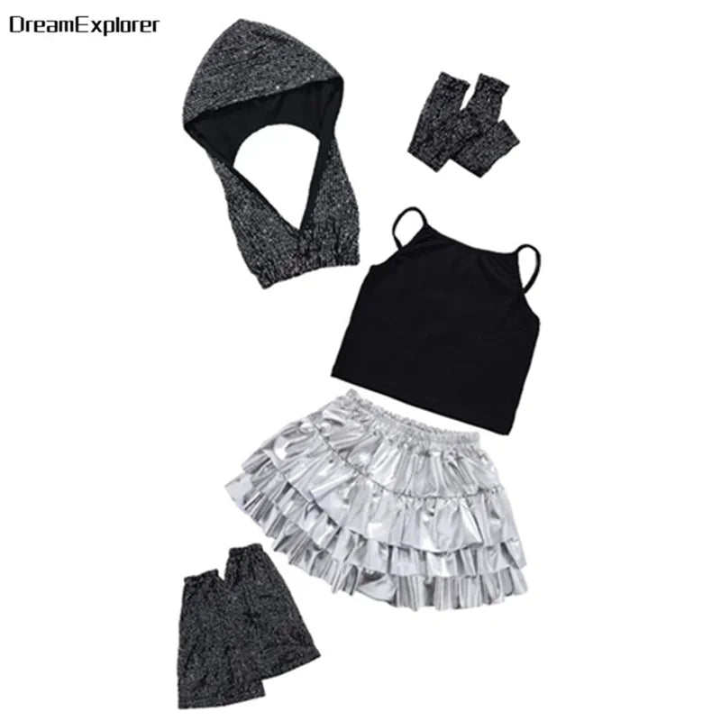 Girls Sequin Crop Hoodies Street Dance Shorts Kids Skirts Hip Hop Jazz Silver Pants Clothes Sets Child Streetwear K-pop Costumes