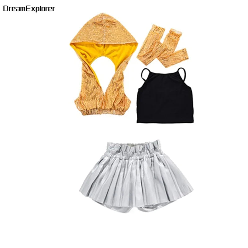 Girls Sequin Crop Hoodies Street Dance Shorts Kids Skirts Hip Hop Jazz Silver Pants Clothes Sets Child Streetwear K-pop Costumes