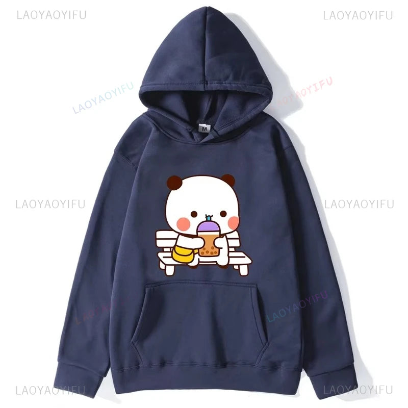 Trendy New Couple Hoodies Bubu with Dudu Drinking Juice Sweatshirts Cartoon Cute Panda Bear Hoodies Kawaii Y2k Top Sudaderas