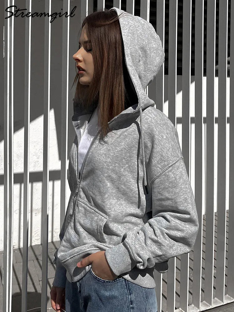 Women Sweatshirts Zip Up Hoodies White Hooded Zip-up Jackets Autumn Cotton Solid Sweatshirt With Zipper Oversized Hoodies Women