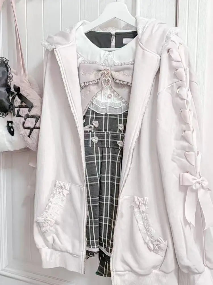 Hoodies Women 2025 Autumn New Sweet Bunny Ear Lace Hooded Sweatshirt for Women Cute Loose Tie Long Sleeve Jacket