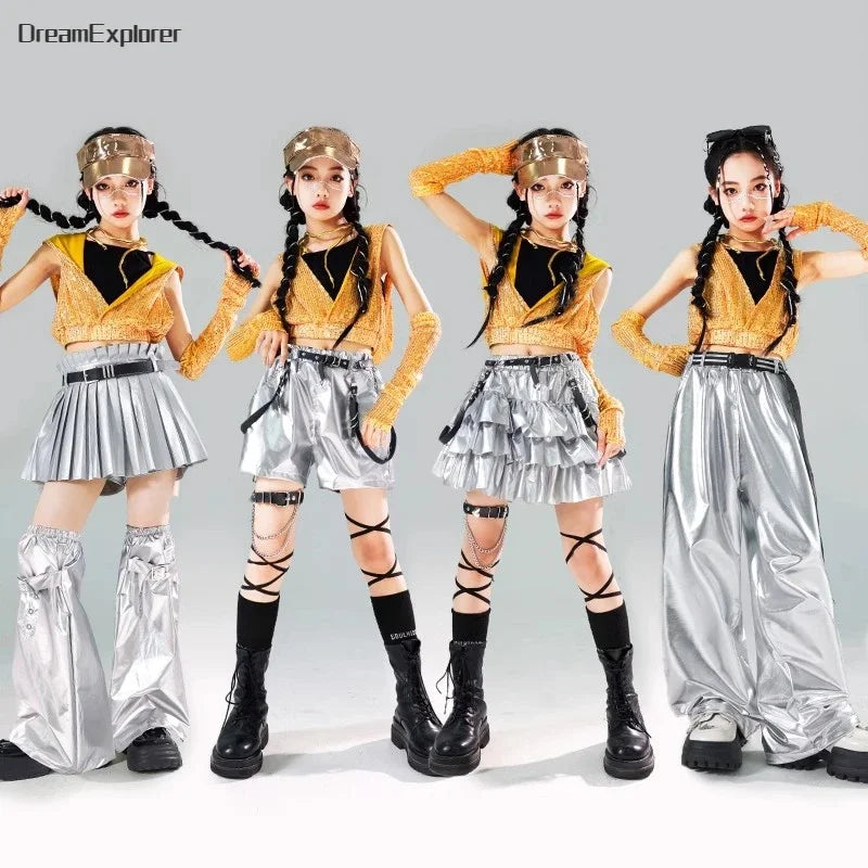 Girls Sequin Crop Hoodies Street Dance Shorts Kids Skirts Hip Hop Jazz Silver Pants Clothes Sets Child Streetwear K-pop Costumes