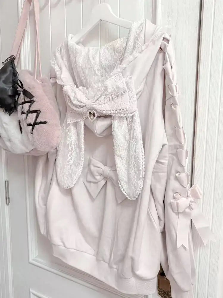 Hoodies Women 2025 Autumn New Sweet Bunny Ear Lace Hooded Sweatshirt for Women Cute Loose Tie Long Sleeve Jacket