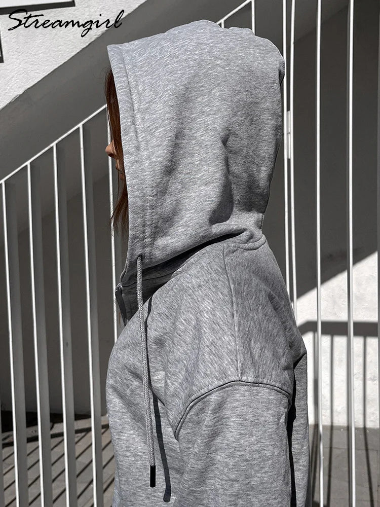 Women Sweatshirts Zip Up Hoodies White Hooded Zip-up Jackets Autumn Cotton Solid Sweatshirt With Zipper Oversized Hoodies Women