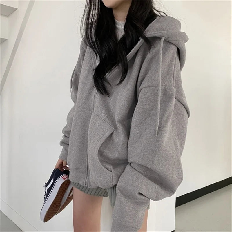 Hooded Solid Women Hoodies Zipper Sweatshirt Long Sleeve Cardigan Outerwear Loose Fit Casual Pockets Autumn 2025 Spliced