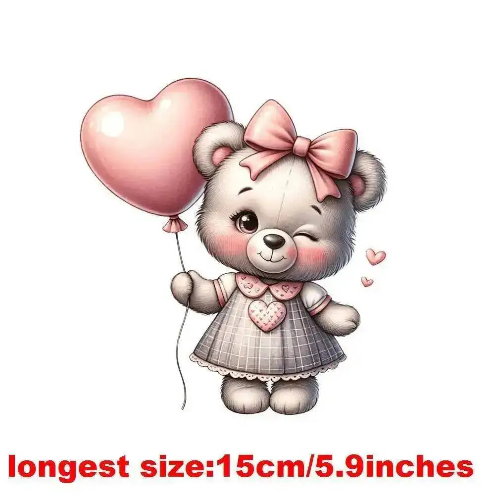 15cm Kids Cartoon Flower Love Bear Dtf Transfers Ready To Press Patches For Clothing T-shirt Hoodies Heat Transfer Stickers