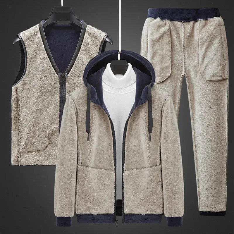 Three-Pieces Lamb Cashmere Set Men Warm Fashion Lamb Wool Sets Winter Plus Velvet Thick Tracksuits Men's Set Hoodies+Vests+Pants