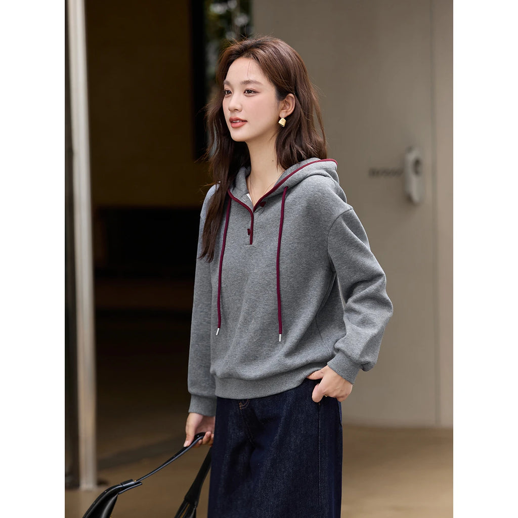 VIMLY Women's Grey Hoodies Simple Cotton Blend Fleece Lined Contrasting Sweatshirts 2026 Oversize Thicken Lady Winter Top A3537