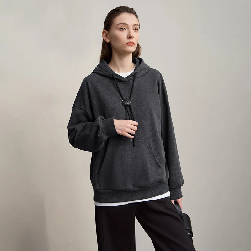 AMII Hoodies Woman 2025 Autumn New Hooded Loose Woman Sweatshirts Cotton Knitted Shoulder Sleeves Versatile Top Female 12543107