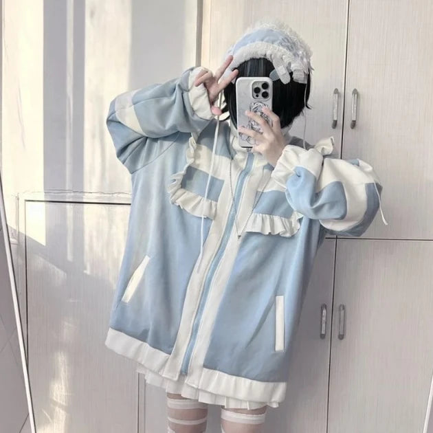 Japanese Y2k Aesthetic Stand Collar Kawaii Hoodies Women Zipper Sweatshirt Oversized Coats Grunge Harajuku Ruffled Patch Coat