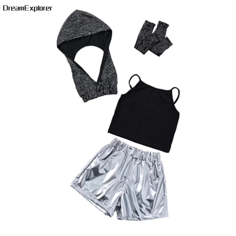 Girls Sequin Crop Hoodies Street Dance Shorts Kids Skirts Hip Hop Jazz Silver Pants Clothes Sets Child Streetwear K-pop Costumes