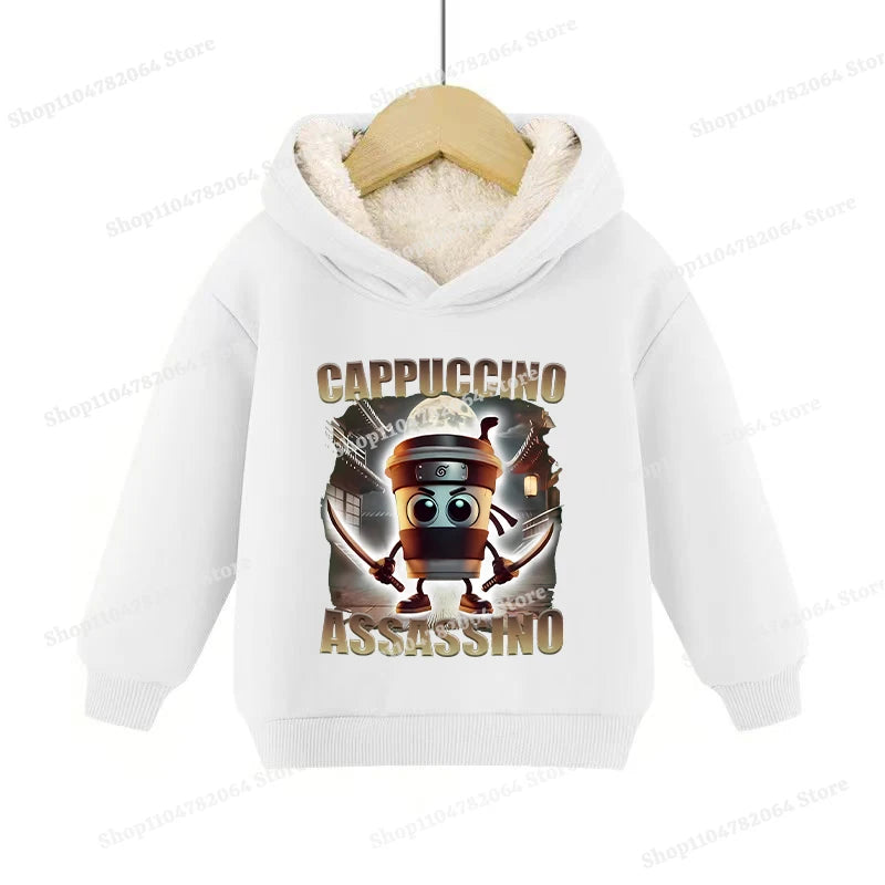 Italian Brainrot Animals Pullover Hoodies Cappuccino Assassino Lamb Fleece Kid Sweatshirt Sahur Anime Cartoons Clothes Tops Gift