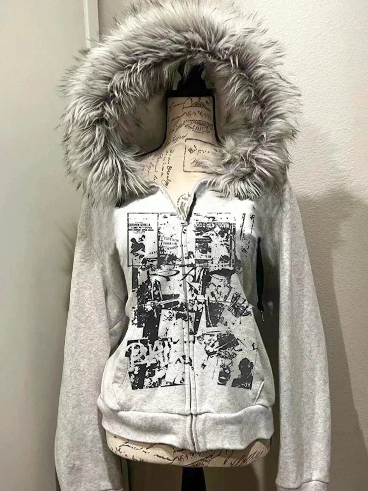 Grunge Zipper Sweatshirts Vintage Gothic Coats Harajuku Streetwear Y2k Jackets with Hooded Women Subculture Hoodies Cross Skull