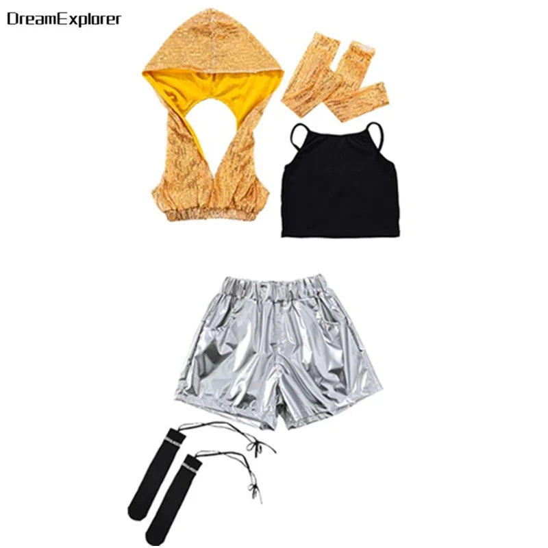 Girls Sequin Crop Hoodies Street Dance Shorts Kids Skirts Hip Hop Jazz Silver Pants Clothes Sets Child Streetwear K-pop Costumes