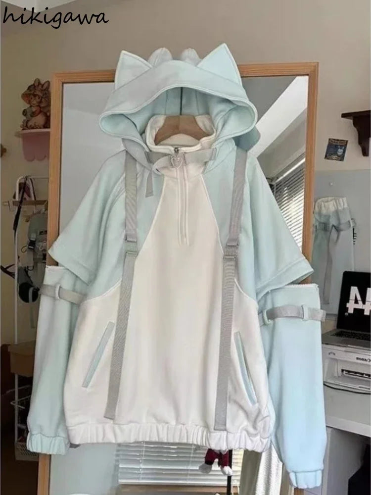 Japanese Oversized Hoodies Women 2025 Ropa Mujer Contrast Color Streetwear Chic Sweet Sweatshirts Hooded Casual Hoodie Y2k Tops