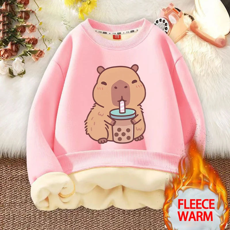 Kawaii Capybara Children's Clothing Lamb Wool Sweatshirt Boys Girls Winter Warm Thick Long Sleeved Pullover Hoodies Anime Gifts